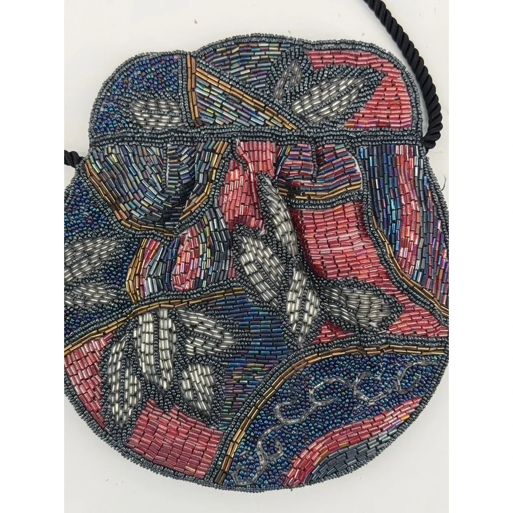 Jeromes Beaded‎ Purse Evening Bag Navy Red Floral Vintage